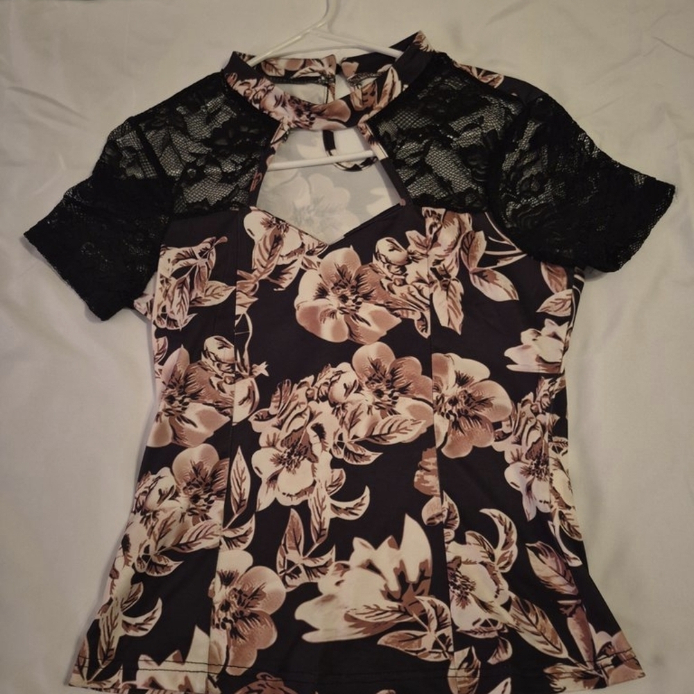 SHEIN Black and Cream Floral Lace Blouse
